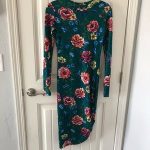 Zara Trafaluc Long Sleeve Maxi Green Floral Dress